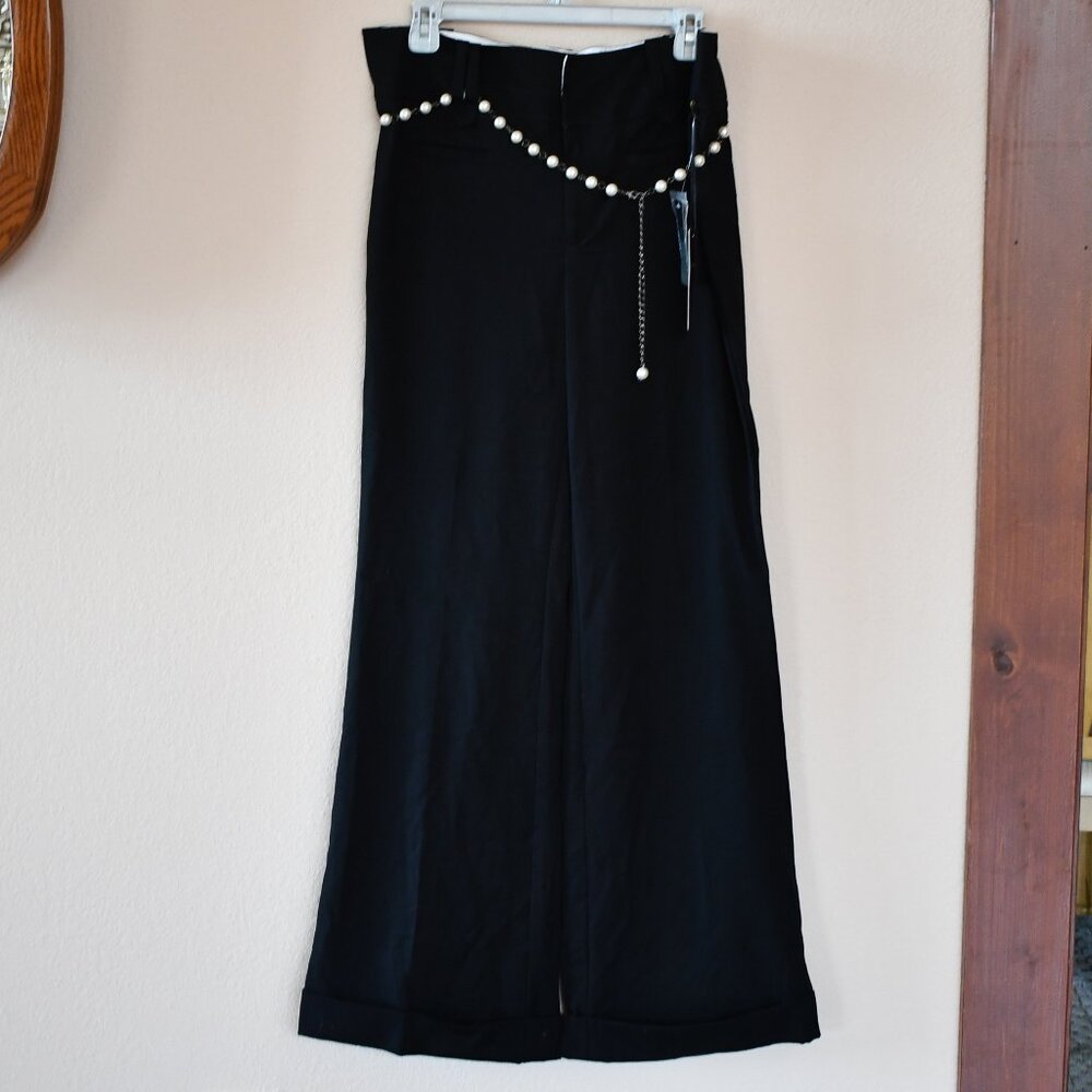 Bisou Bisou Women's Black Stretch Flare Cuffed Pants w/Pearl Belt Size 12